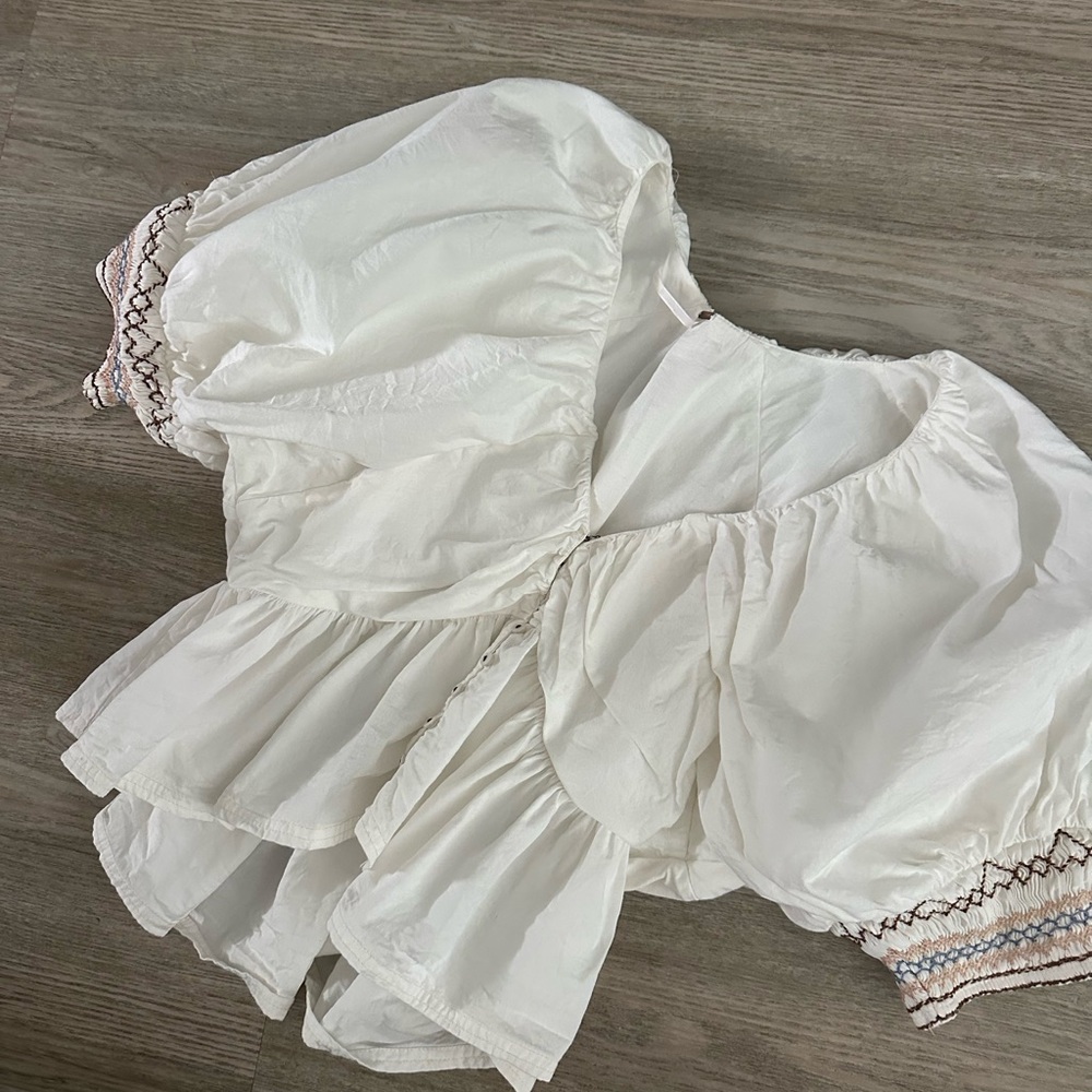 Free People White Puff Sleeve Ruffled Blouse S